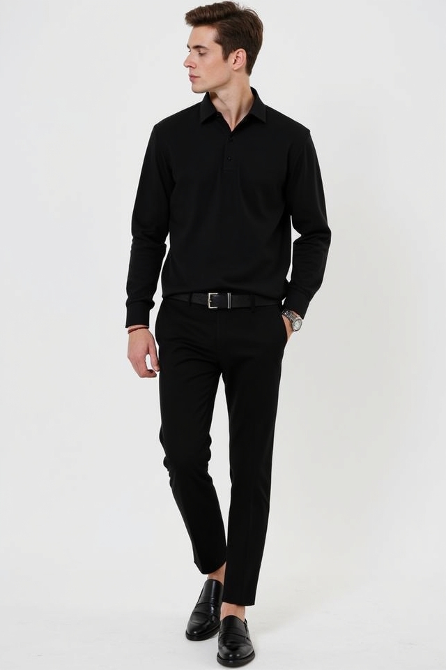 all black minimalist polo ensemble