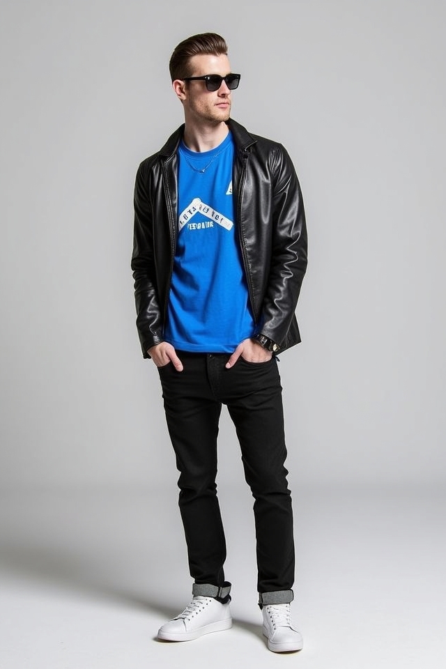 blue graphic jeans outfit