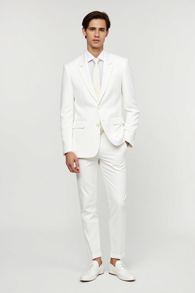 bold all white suit ensemble