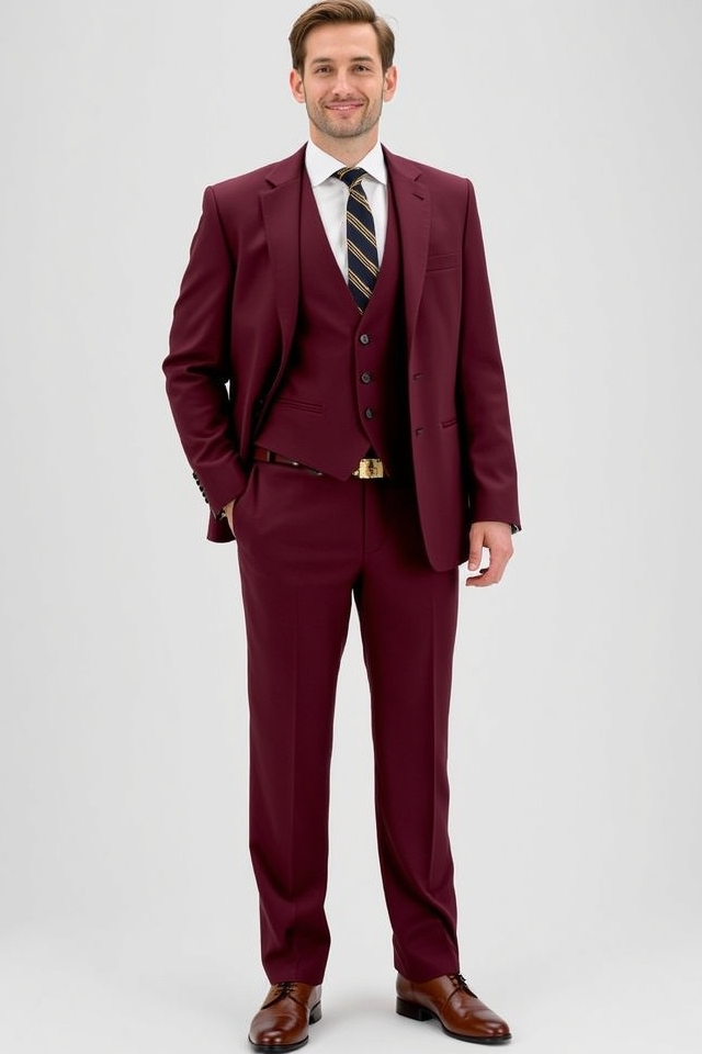 bold burgundy suit ensemble