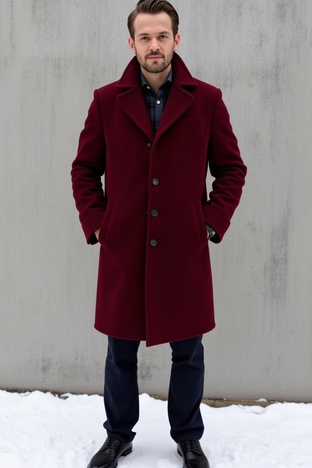 bold maroon winter overcoat