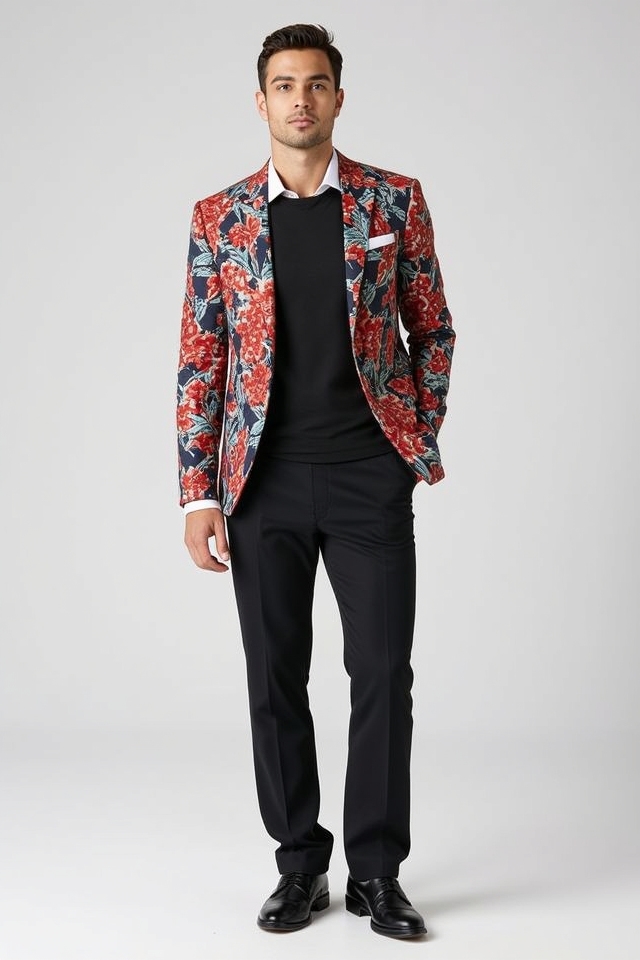 bold patterned blazer ensemble