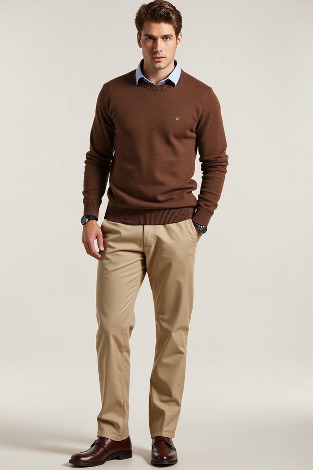 brown sweater with chinos