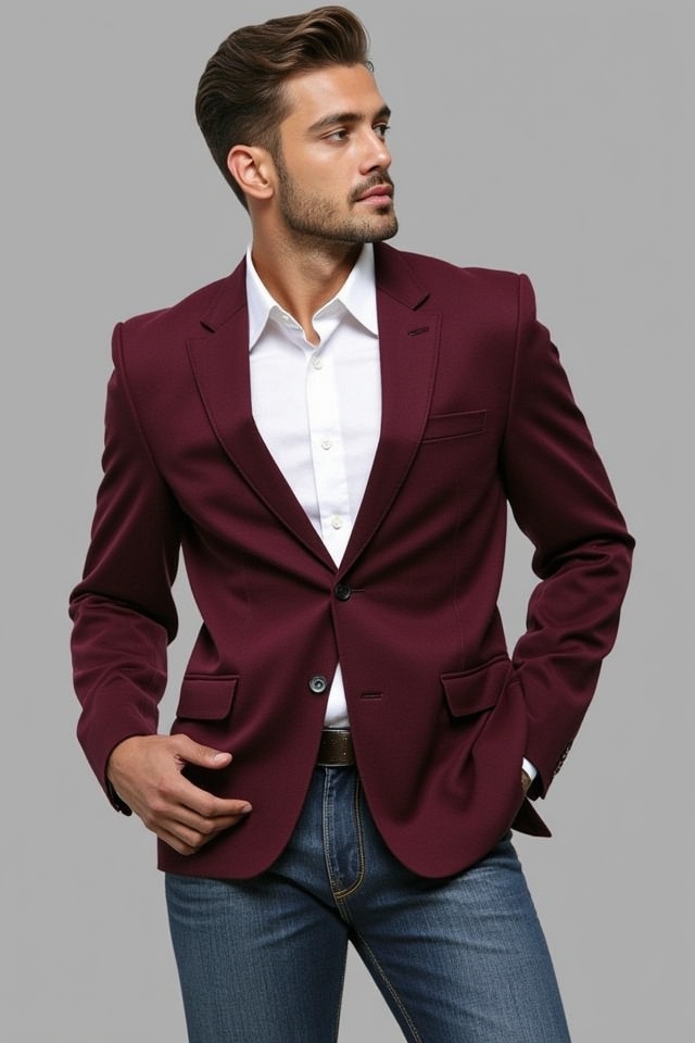 burgundy blazer denim pairing