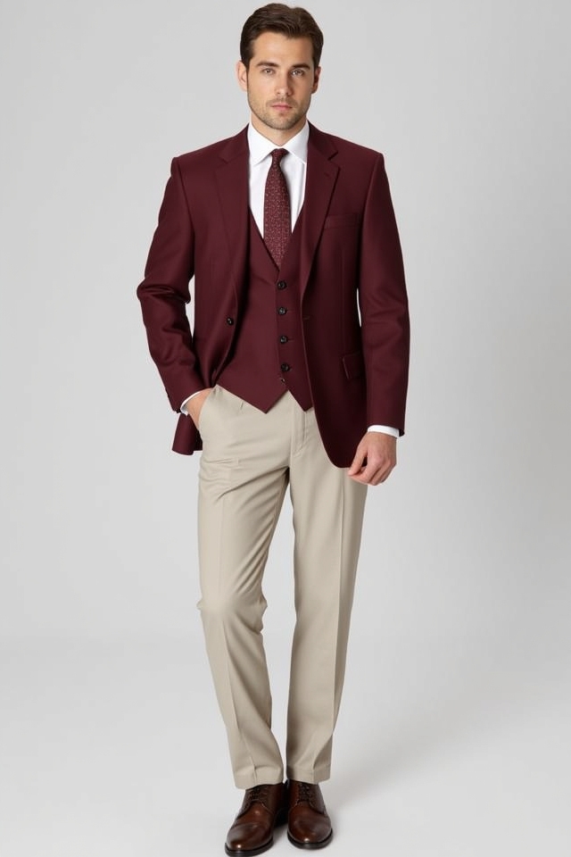 burgundy jacket neutral slacks