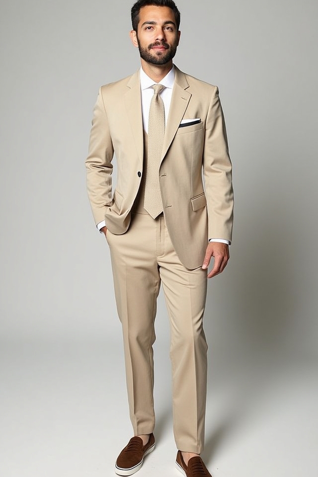 casual beige suit ensemble