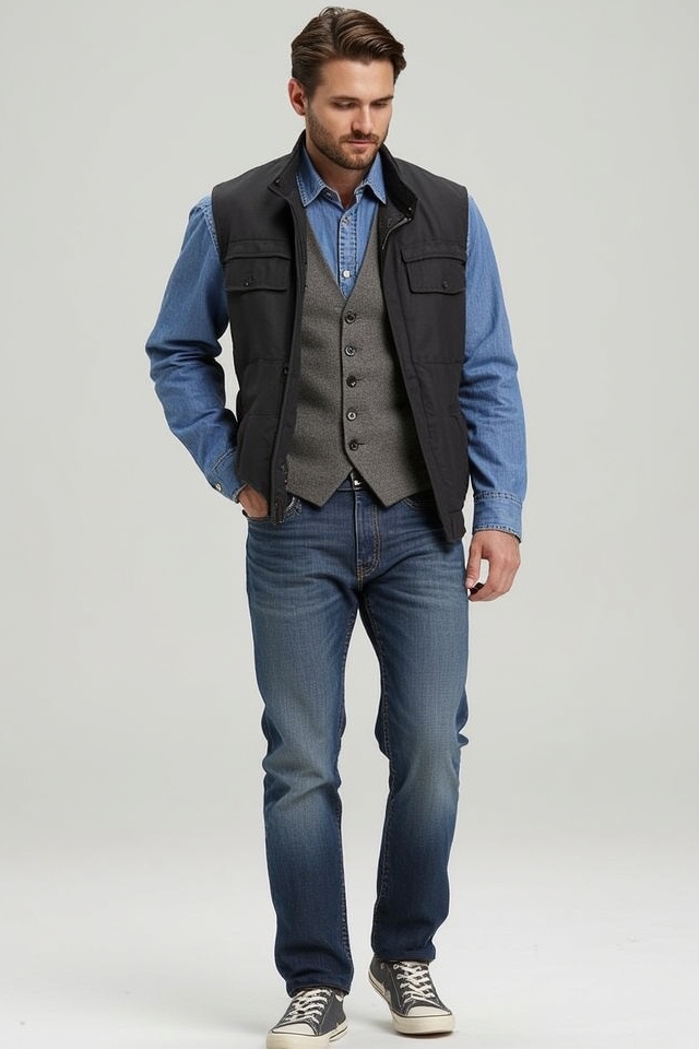 casual denim vest combo