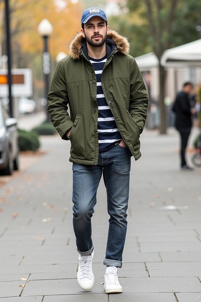 casual parka with sneakers