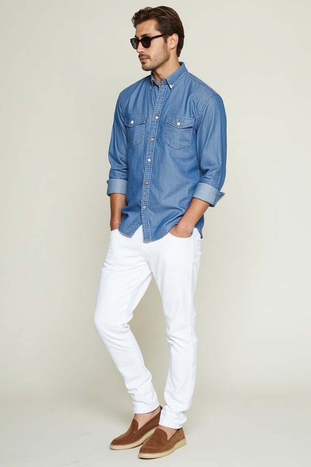 chambray shirt white jeans