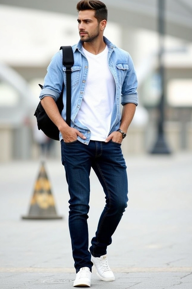 classic denim sneaker travel ensemble