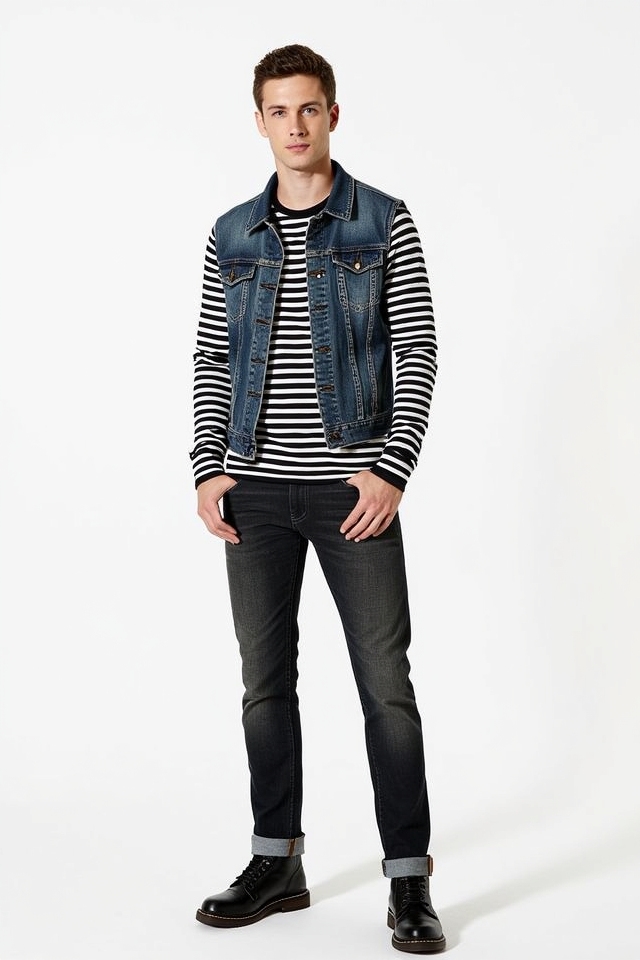 denim vest over stripes