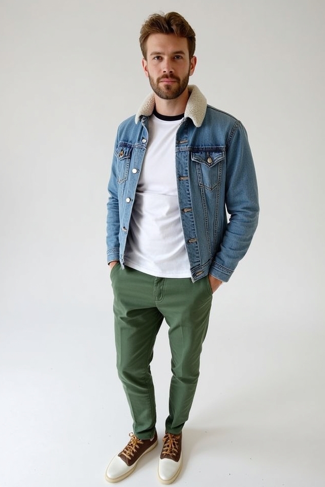 green pants denim pairing