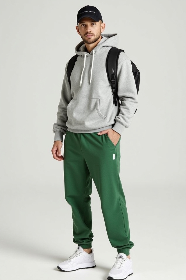 green pants hoodie sneakers