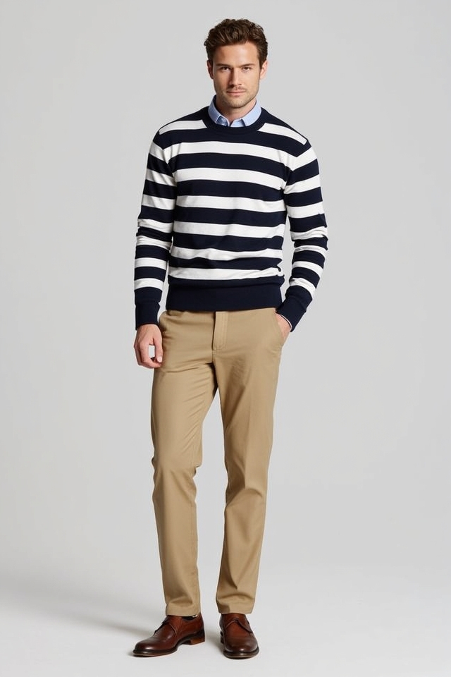 khaki pants striped sweater