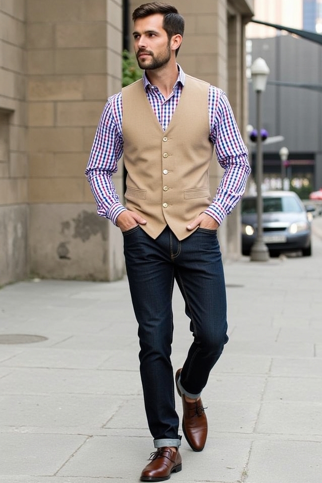 khaki vest checked outfit