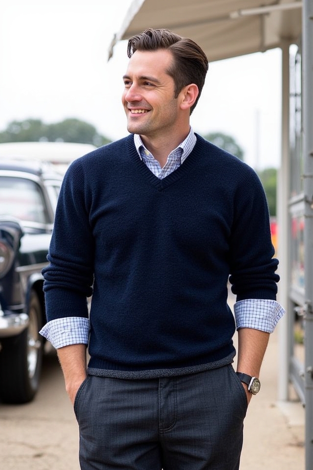 knit sweater untucked shirt