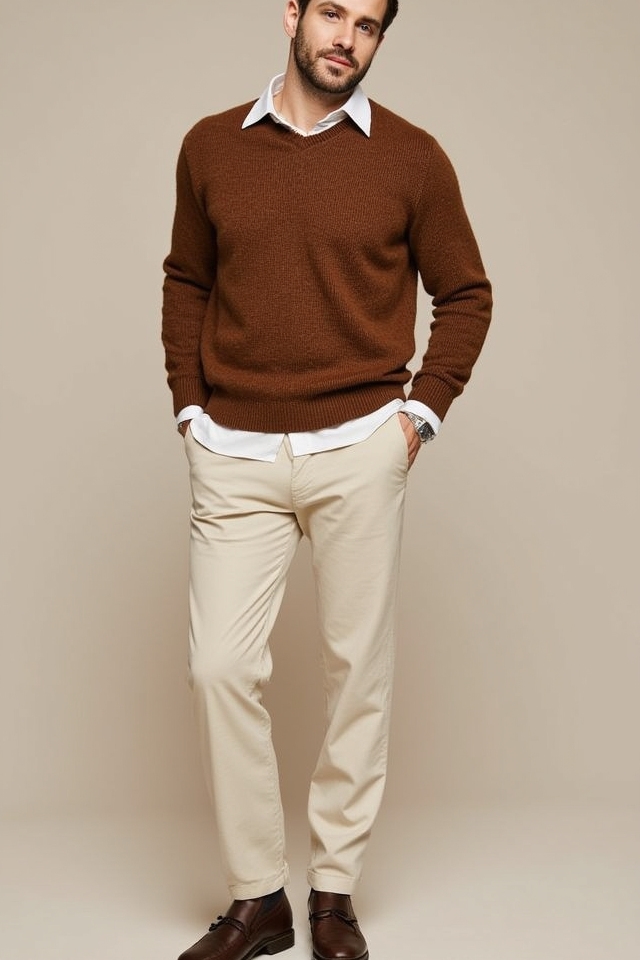 layered brown sweater chinos