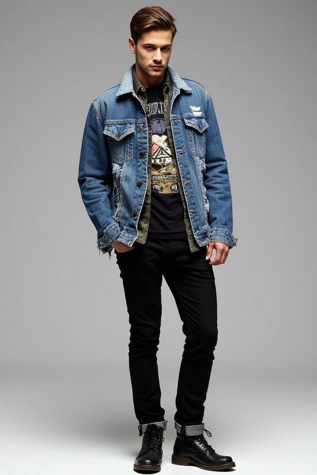 layered denim rock style