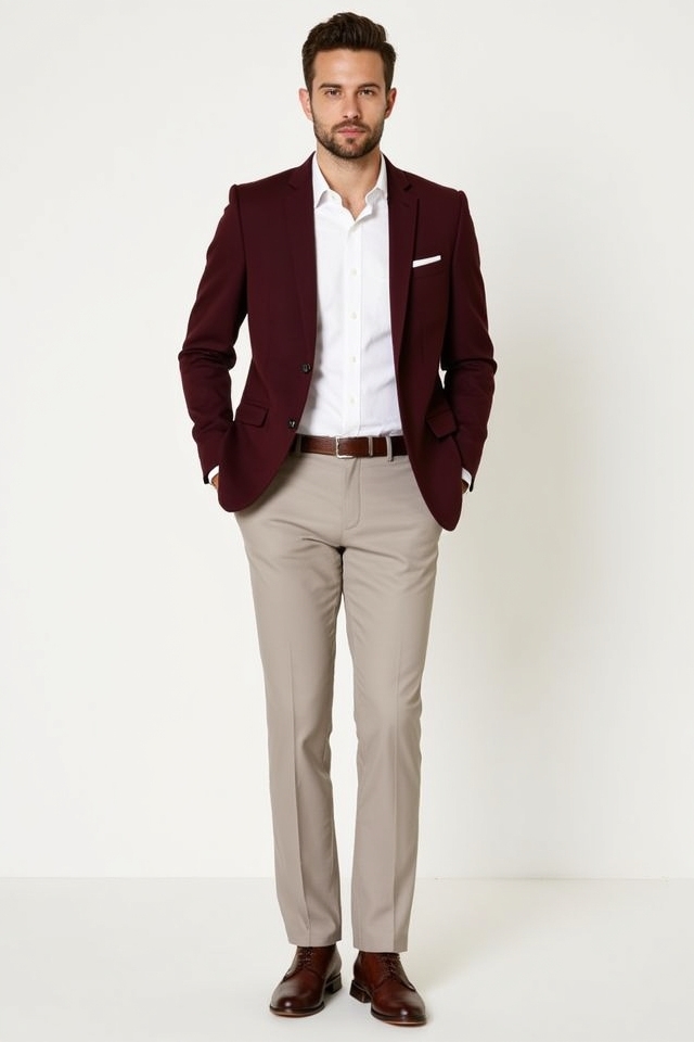 maroon blazer neutral tones