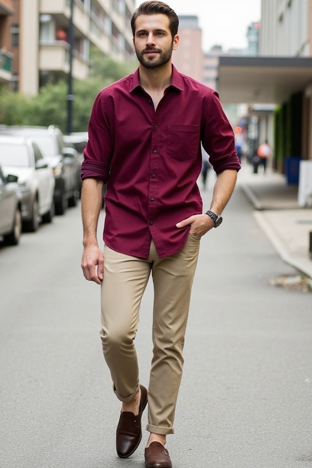 maroon shirt chinos weekend