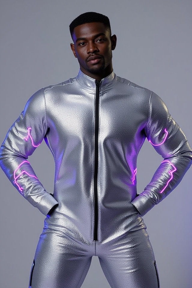 metallic silver neon bodysuit