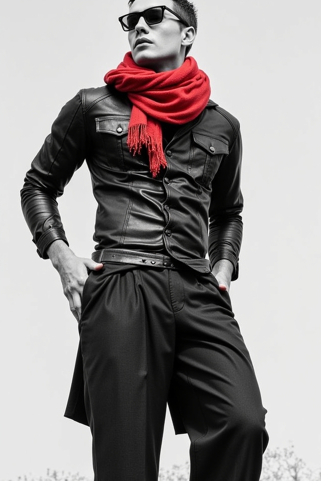 monochrome outfit vibrant scarf