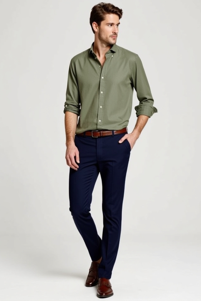 muted green navy outfit