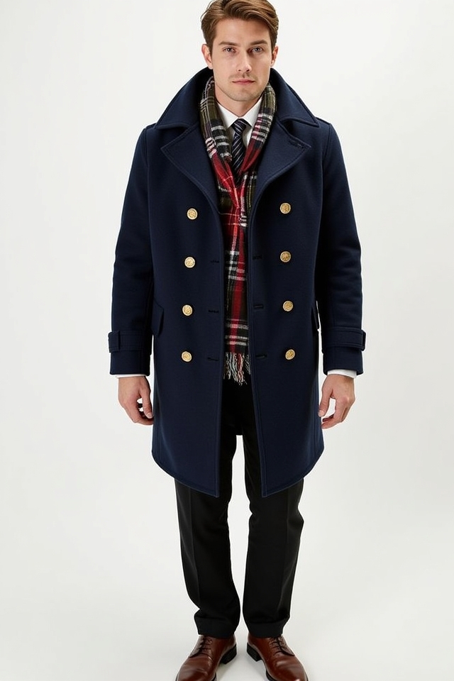 navy peacoat with patterns