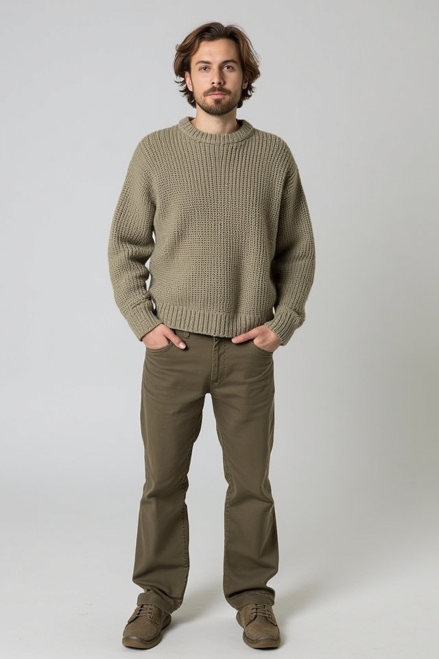 neutral trousers and sweater