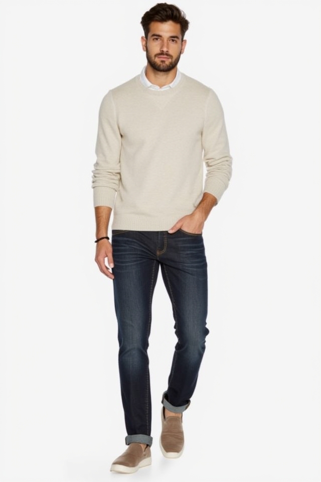 nude sweater jeans outfit