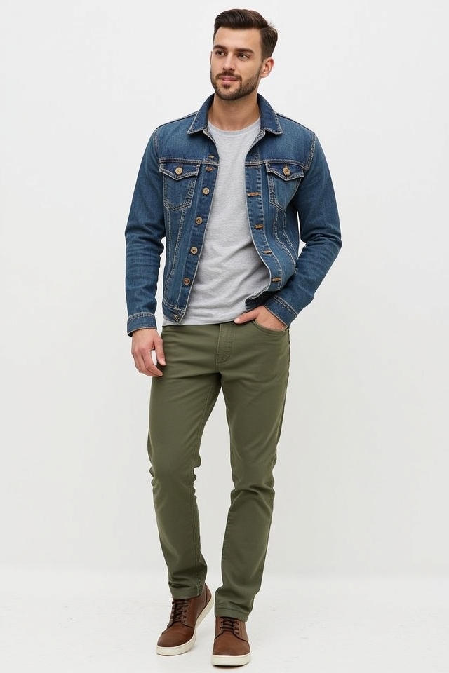 olive green denim outfit