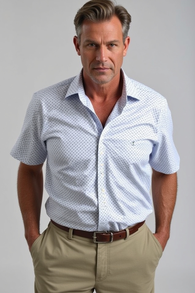 patterned button up chino outfit