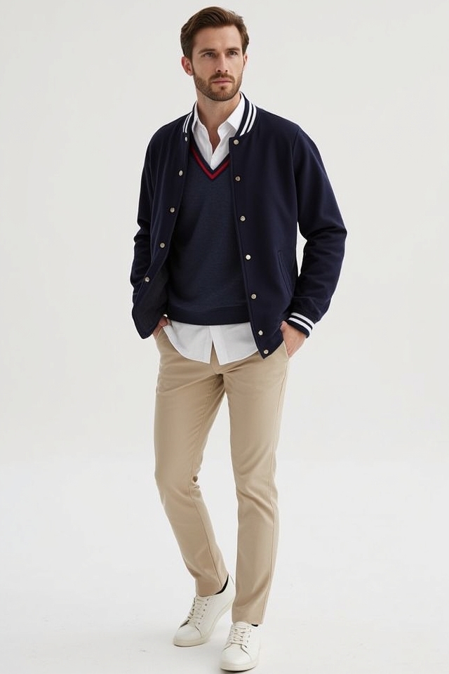 preppy varsity jacket ensemble