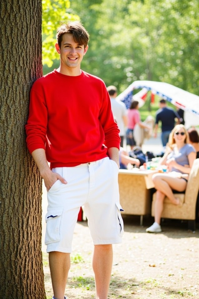 red pullover white cargo
