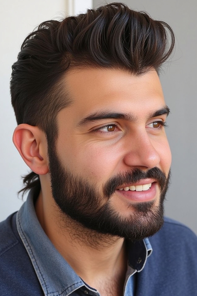rugged wavy mullet beard