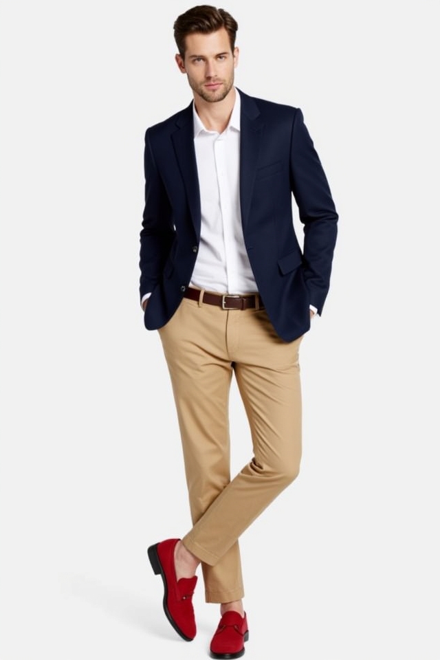 sharp navy khaki red outfit