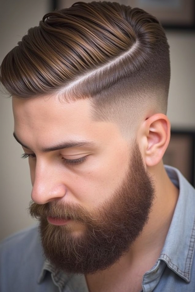 sleek side parted beard trim