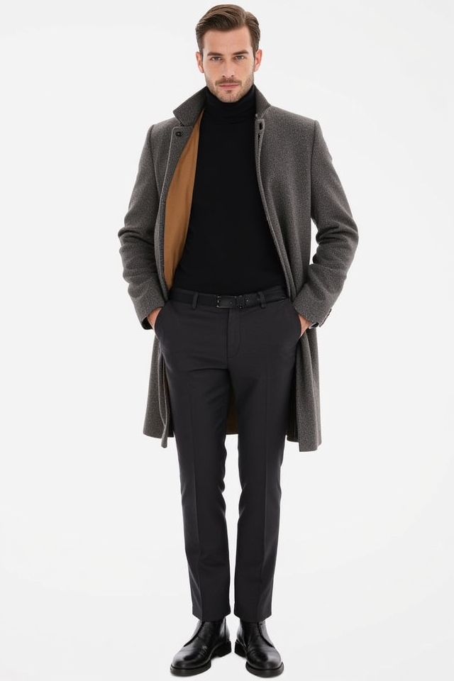 sleek turtleneck overcoat ensemble