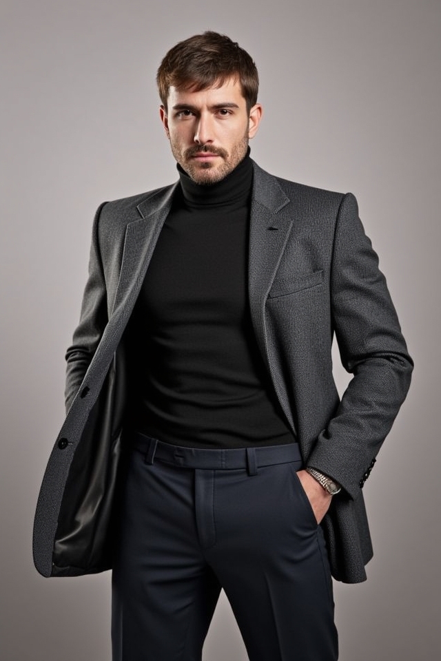 slim fit turtleneck suit pairing