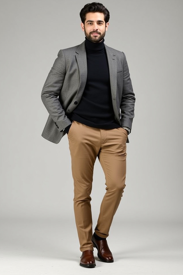 sophisticated khaki turtleneck ensemble