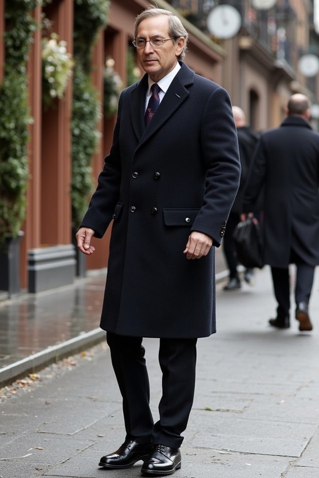 sophisticated overcoat polished boots