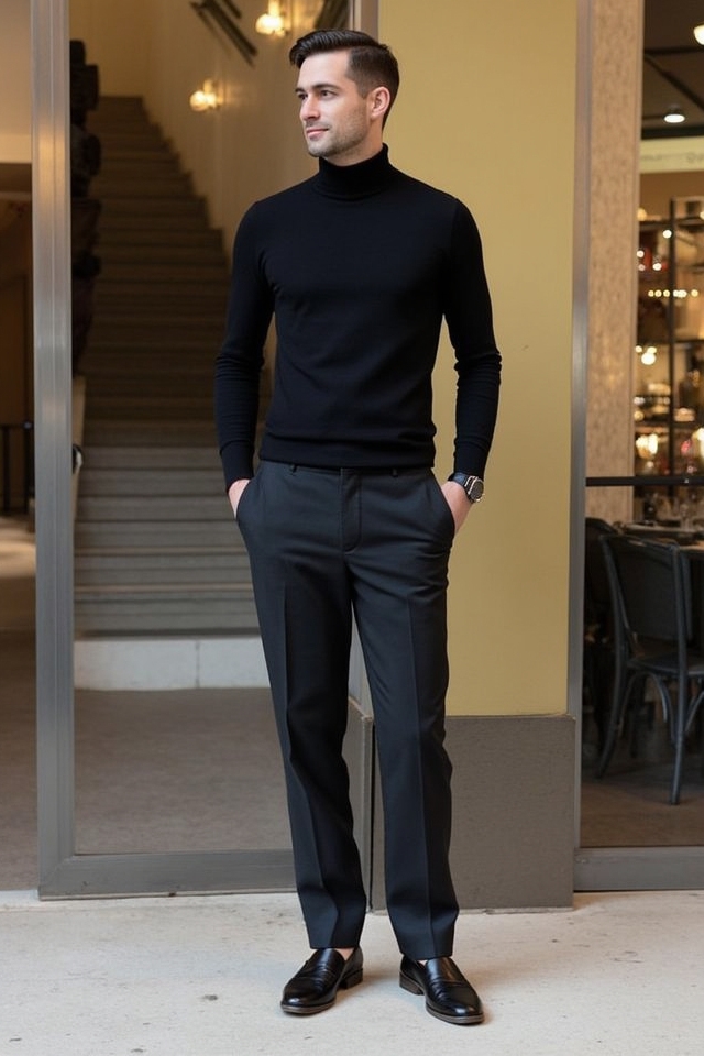 sophisticated turtleneck and slacks