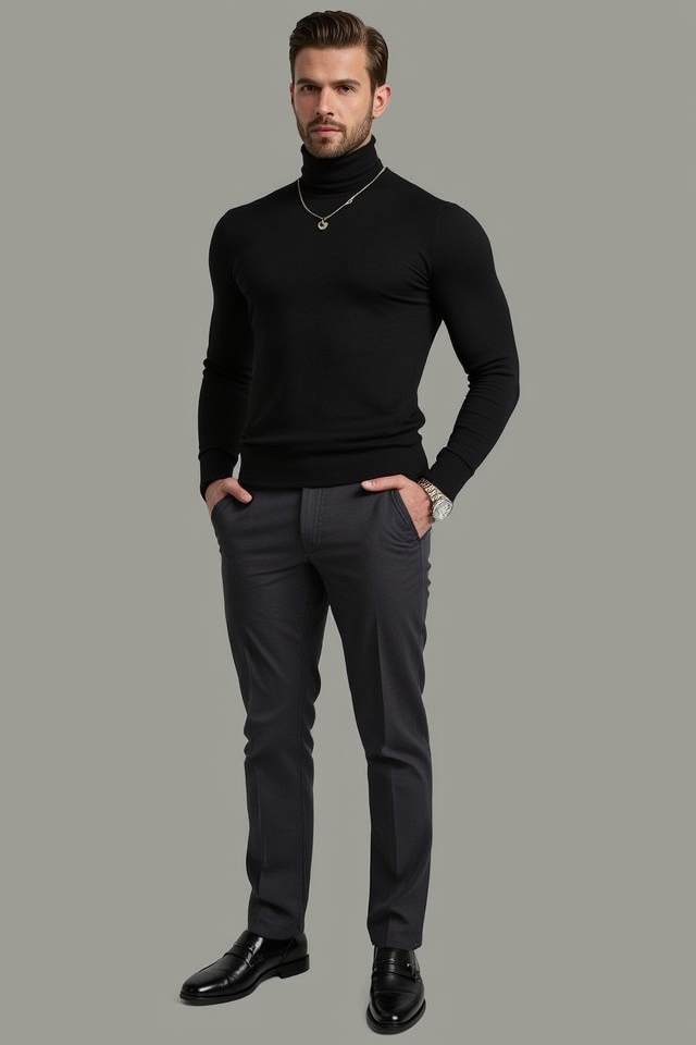 sophisticated turtleneck and trousers