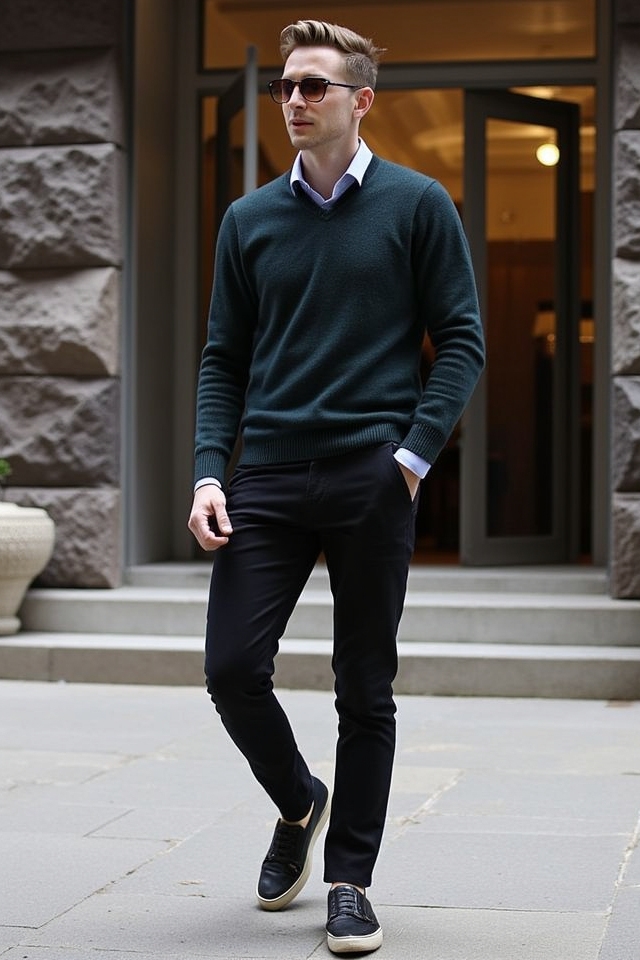 stylish sweater dark trousers