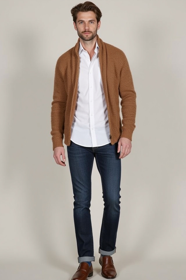 timeless brown cardigan ensemble