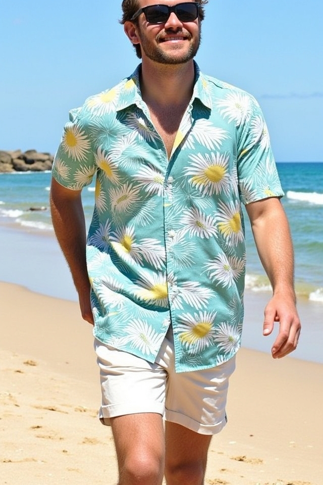 tropical print beach button down