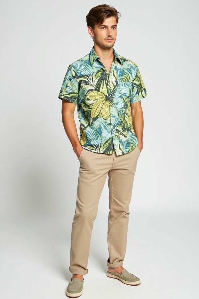 tropical print button up chinos