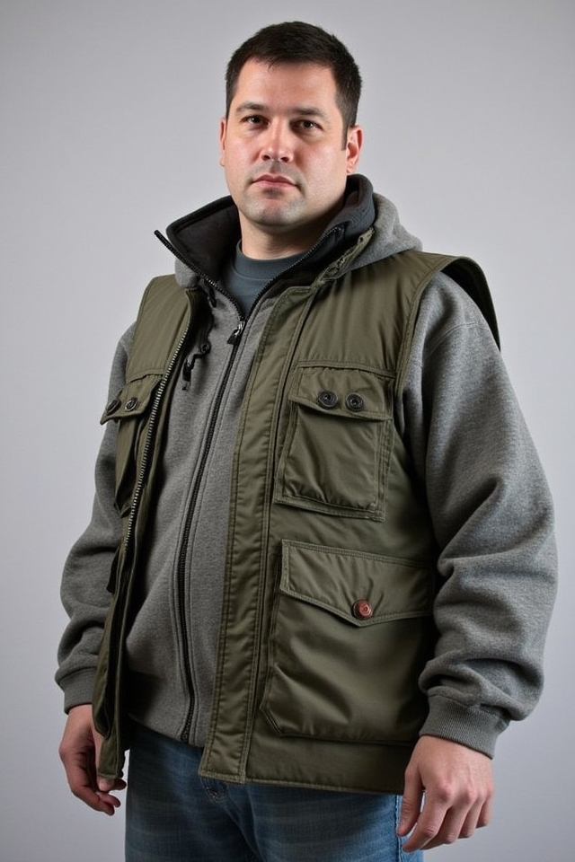 utility vest over sweatshirt