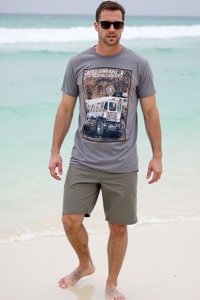 vibrant beach shorts ensemble