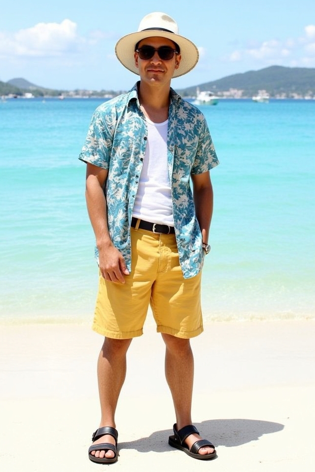 vibrant beach shorts sandals